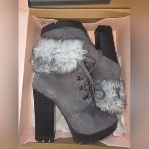 Gray Faux Fur Ankle Booties